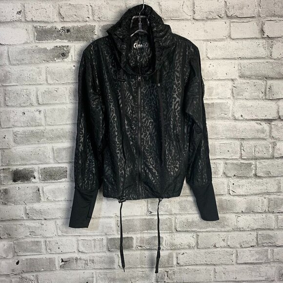 Zyia Active Windbreaker Black Cheetah Print Full Zip Hooded UtilityJacket - Picture 1 of 14